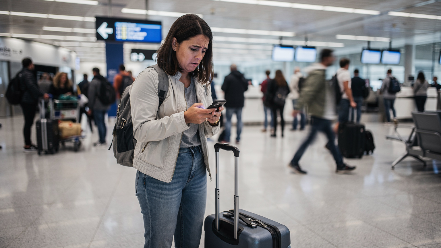 Uma viajante, com um semblante de preocupação, tentando conectar seu smartphone a uma rede Wi-Fi num movimentado aeroporto em Lisboa, com malas ao seu lado e outros passageiros apressados ao fundo.