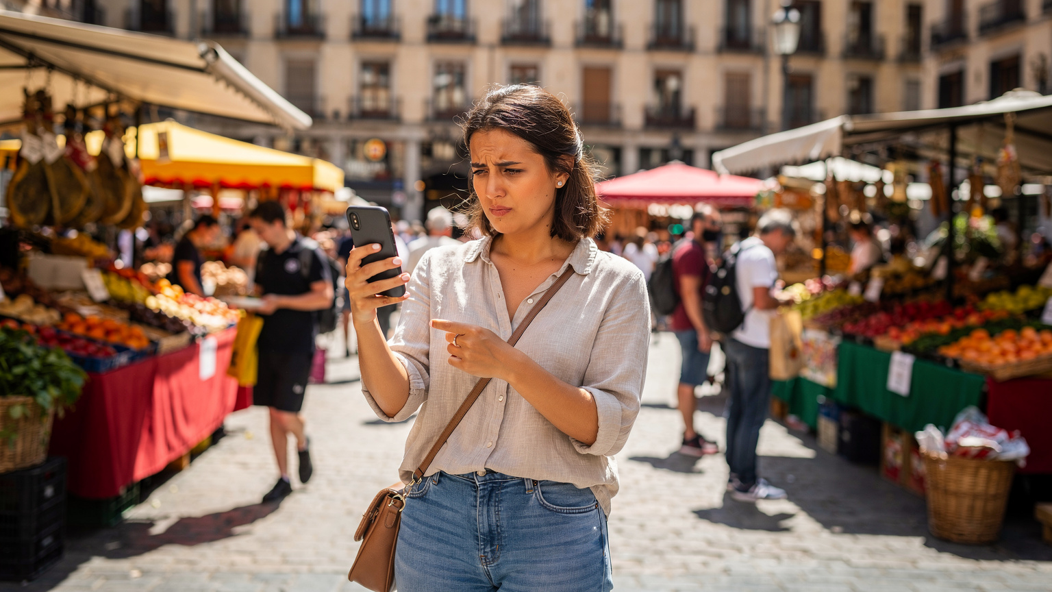 Una mujer joven, con su teléfono en mano, intenta solucionar un problema de conectividad en una concurrida plaza de mercado en España, buscando la mejor señal.