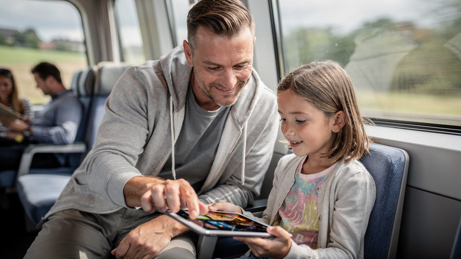 Un padre ayuda a su hija a descargar una serie en su tablet mientras viajan en tren por Europa, asegurándose de que el entretenimiento esté listo para el camino.