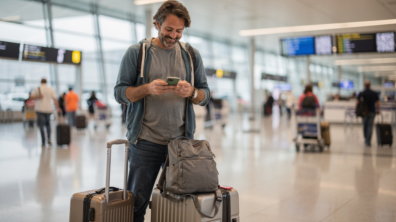 Un padre cansado pero sonriente consulta su teléfono para activar la eSIM, con maletas a sus pies en la zona de llegadas de un aeropuerto europeo.