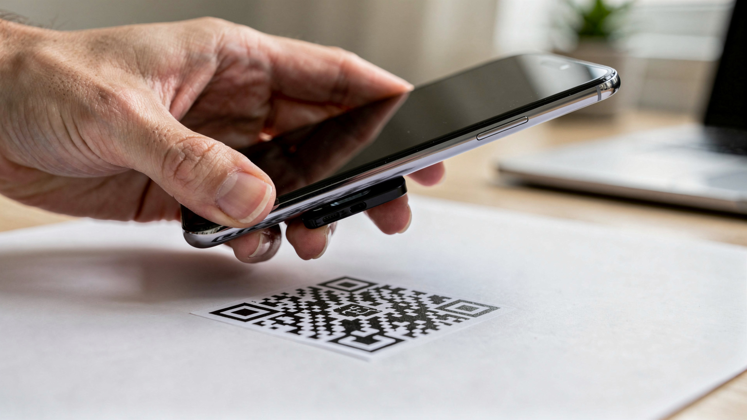 O mână ține un telefon mobil, scanând un cod QR afișat pe o altă suprafață, într-un cadru curat și bine iluminat, sugerând ușurința activării unui eSIM.