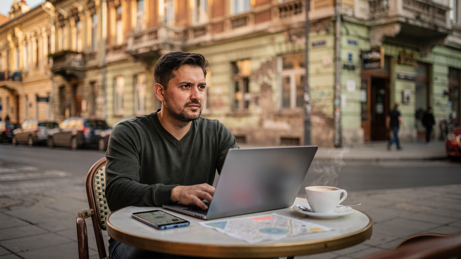Un călător stă la o masă de cafenea în aer liber, în fața unei clădiri istorice din centrul orașului București, având un laptop deschis, un telefon și o cafea, ilustrând o sesiune de lucru sau planificare în timpul călătoriei.