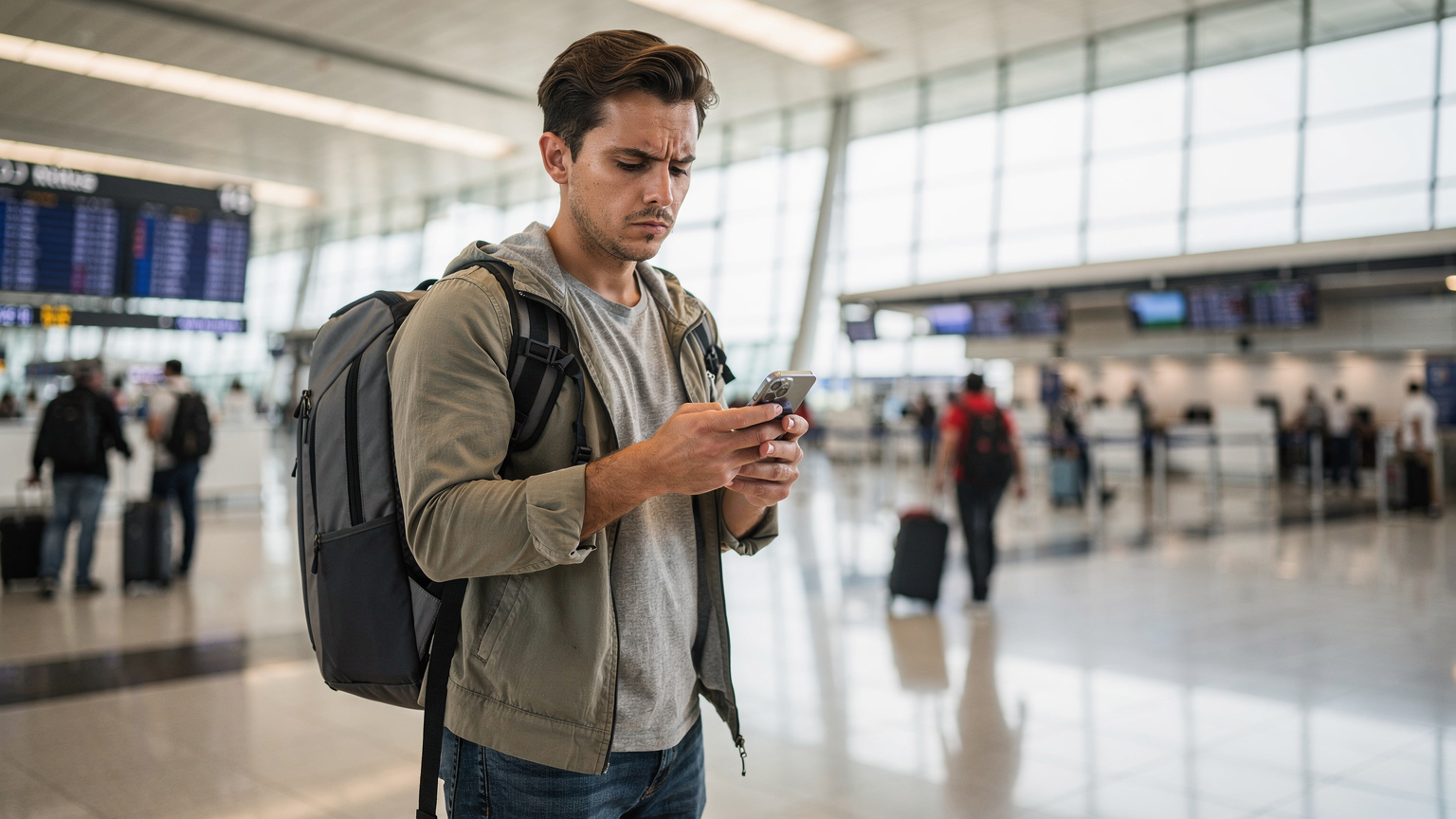 Un călător, cu un rucsac de voiaj, privește cu o expresie preocupată la ecranul telefonului său, în mijlocul unui aeroport aglomerat, sugerând o problemă de conectivitate sau planificare de ultim moment.