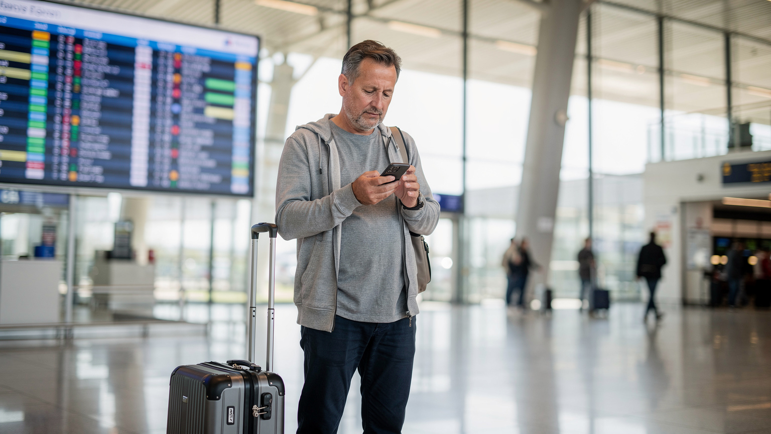 Un pasager cu un bagaj de mână verifică panoul de plecări dintr-un aeroport modern și luminos, în timp ce ține un telefon în mână, simbolizând planificarea și conectivitatea în călătoriile internaționale.