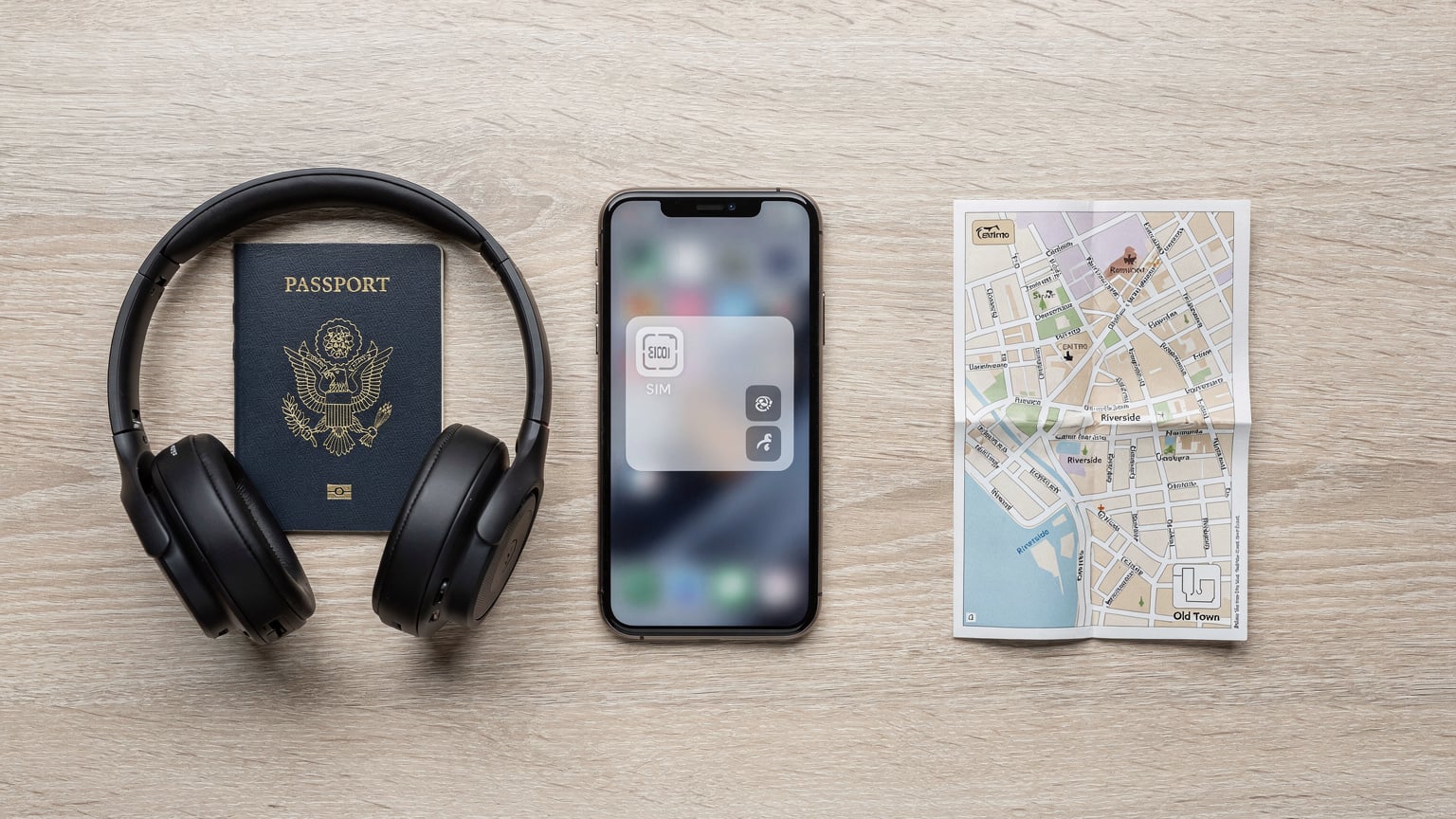 An editorial flat-lay of essential travel items, including a passport, a smartphone displaying an eSIM profile, noise-canceling headphones, and a small, folded city map on a light-colored desk.