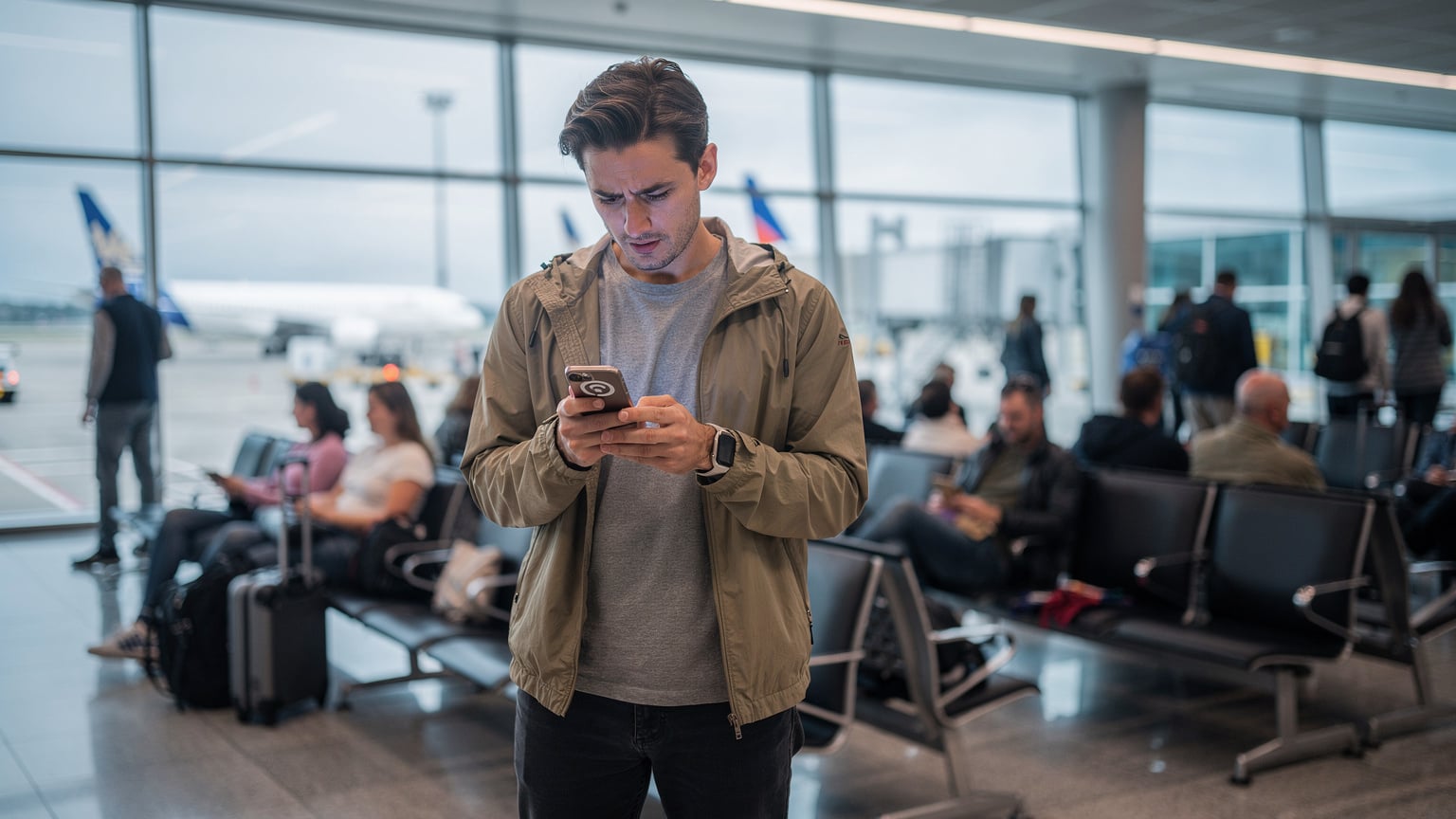 A frustrated traveler standing in a busy international airport gate, looking at their phone which displays a 'no service' message, conveying a sense of being disconnected.