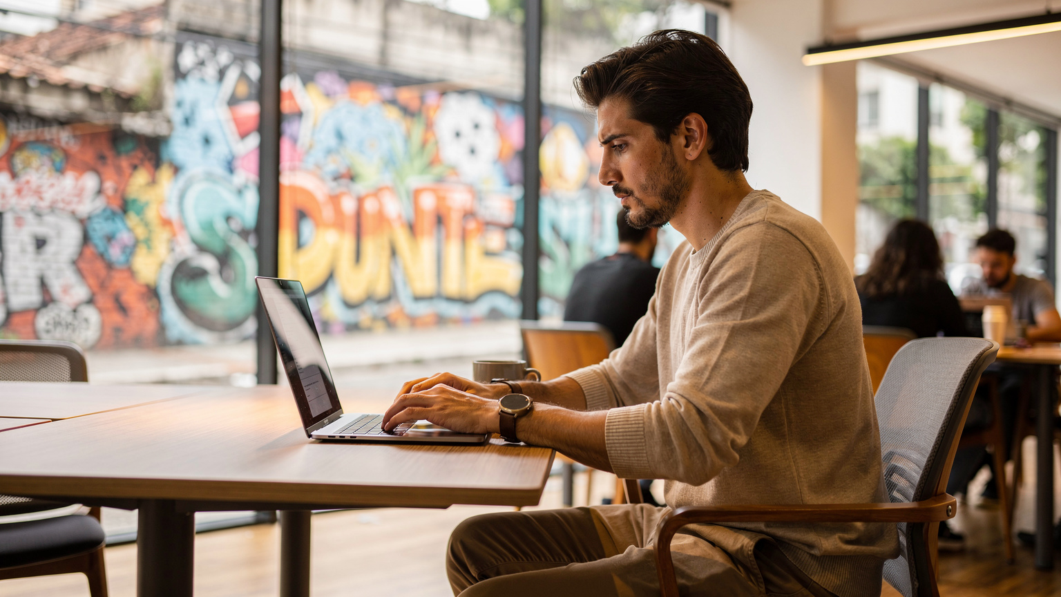 A digital nomad typing on a laptop inside a vibrant co-working space in São Paulo, Brazil, with colourful street art visible through the large windows.