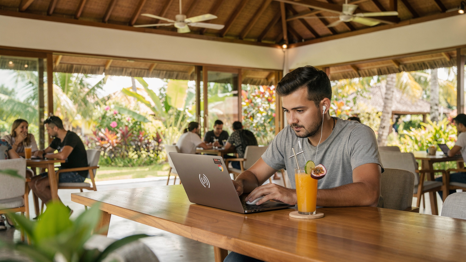 一名年轻的数字游民在巴厘岛乌布的共享办公空间Dojo Bali Coworking，使用一台配备eSIM的笔记本电脑工作，旁边放着一杯鲜榨果汁，窗外是郁郁葱葱的热带植物。