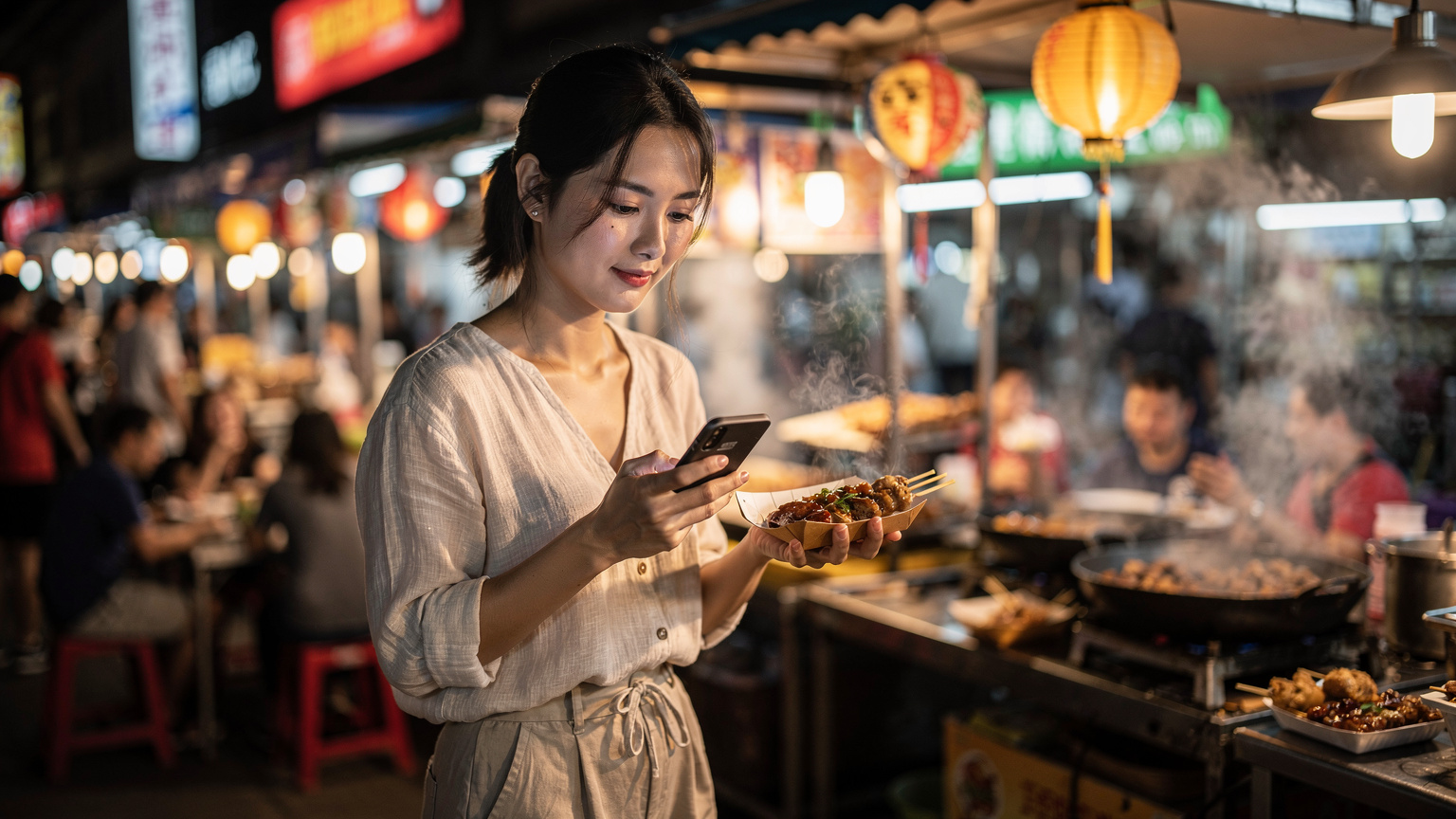 一名年轻的中国游客在一家繁忙的东南亚街头小吃摊前，一手拿着手机查看菜单，另一手拿着街边小吃，背景是充满活力的夜市灯光。