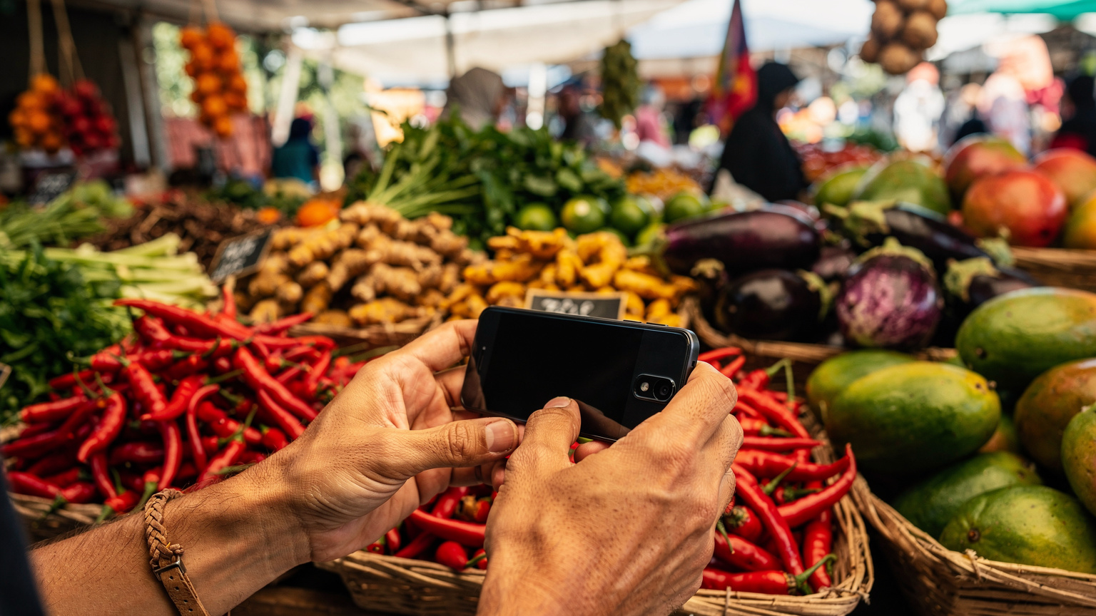 A close-up of a traveler's hands holding a smartphone, composing a photo of vibrant red and green chili peppers at a bustling Indonesian market stall.
