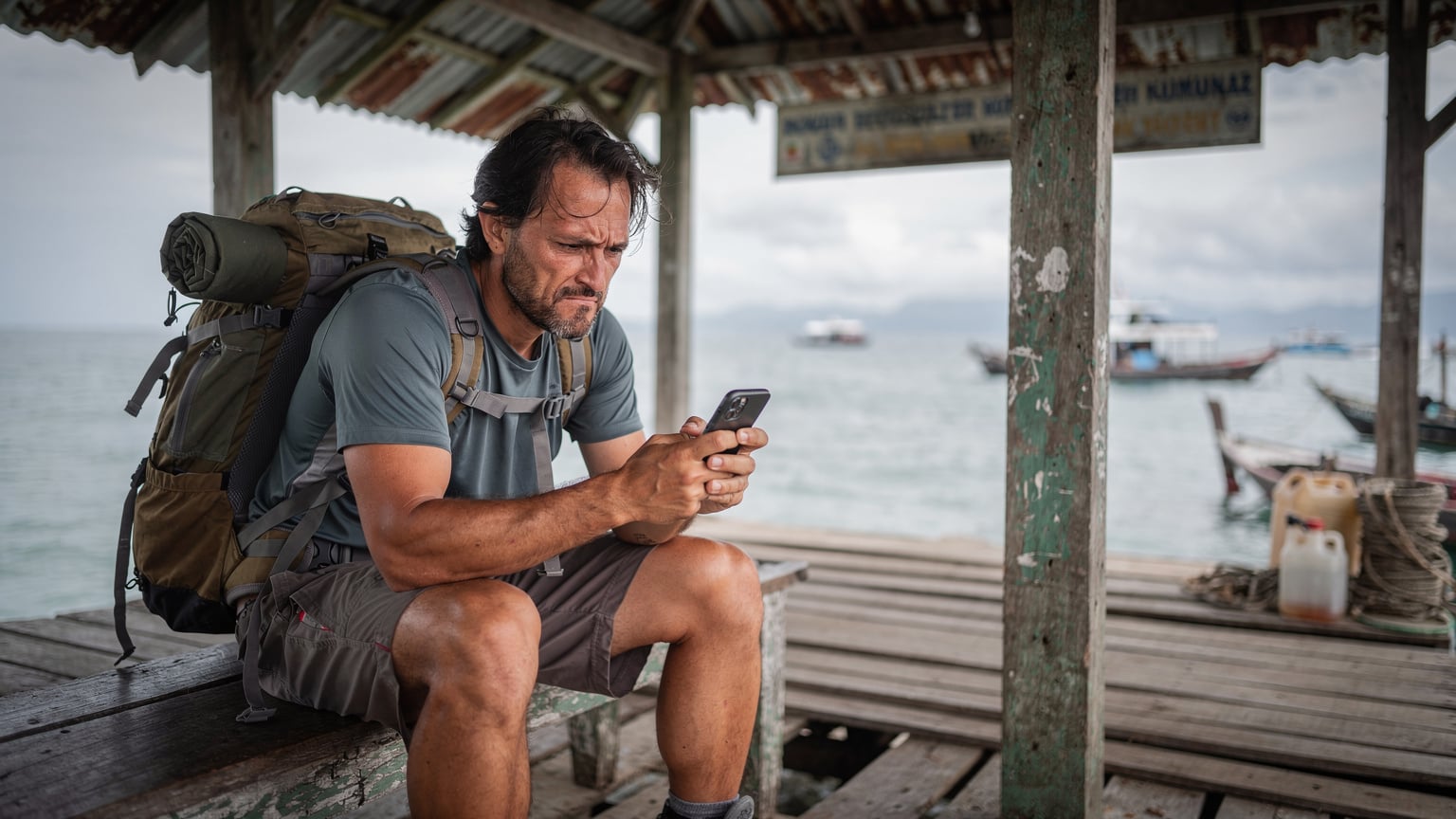 A frustrated traveler sitting on a weathered wooden bench at a small, remote Indonesian ferry terminal, holding their phone with a 'No Signal' icon prominently displayed, looking concerned.