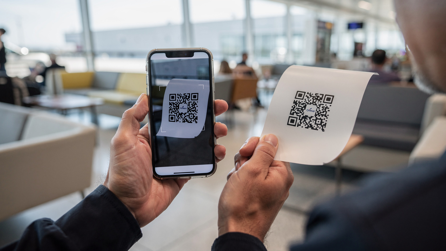 A traveler scanning a QR code from a printed paper onto their smartphone screen, in a well-lit, clean airport lounge setting, with travel bags visible in the background.