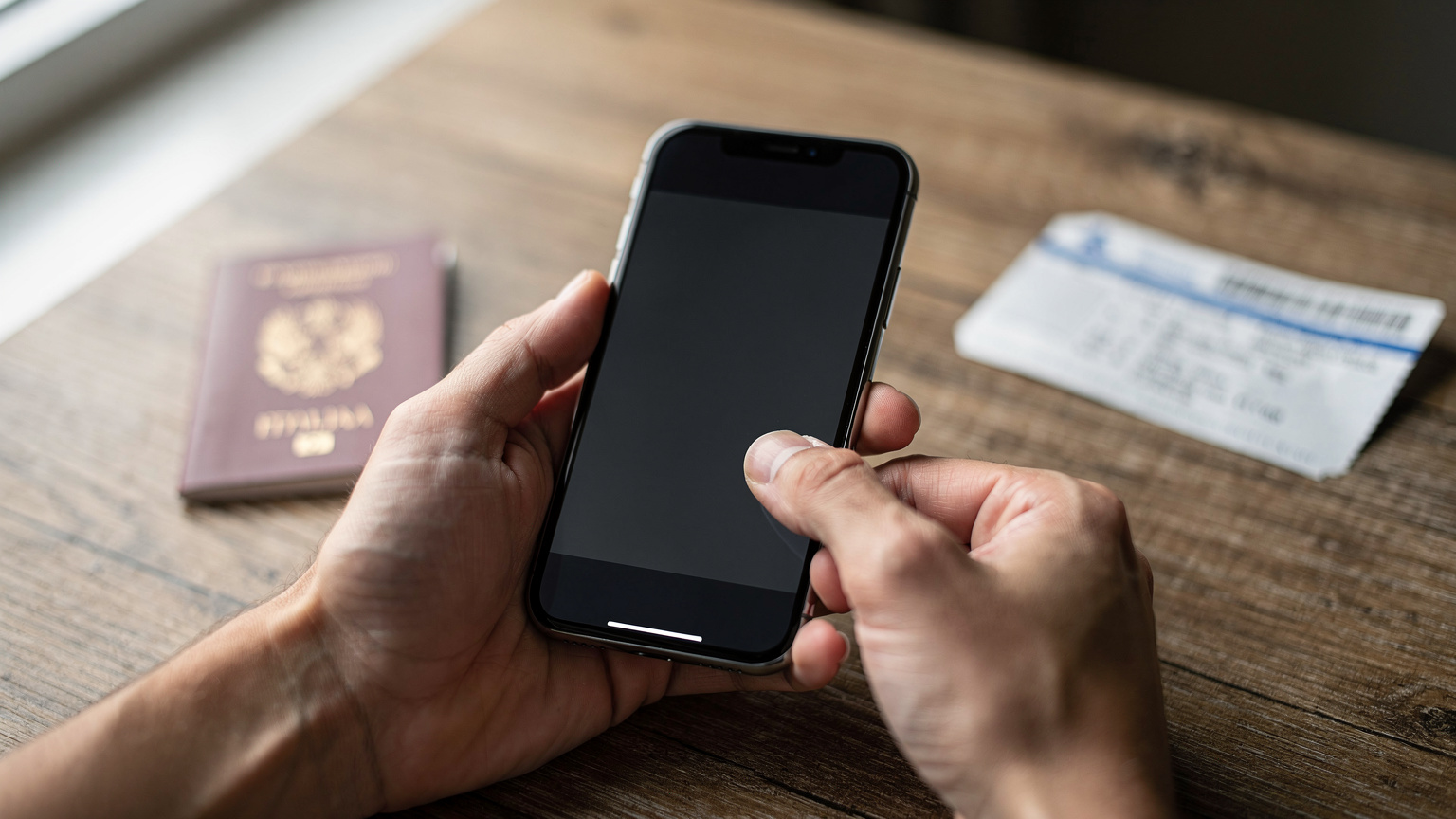 Primo piano sulle mani di un viaggiatore che tiene in mano uno smartphone e con l'altra mano scorre le opzioni di un'eSIM sul display, con un biglietto aereo e un passaporto italiano leggermente sfocati in sottofondo.