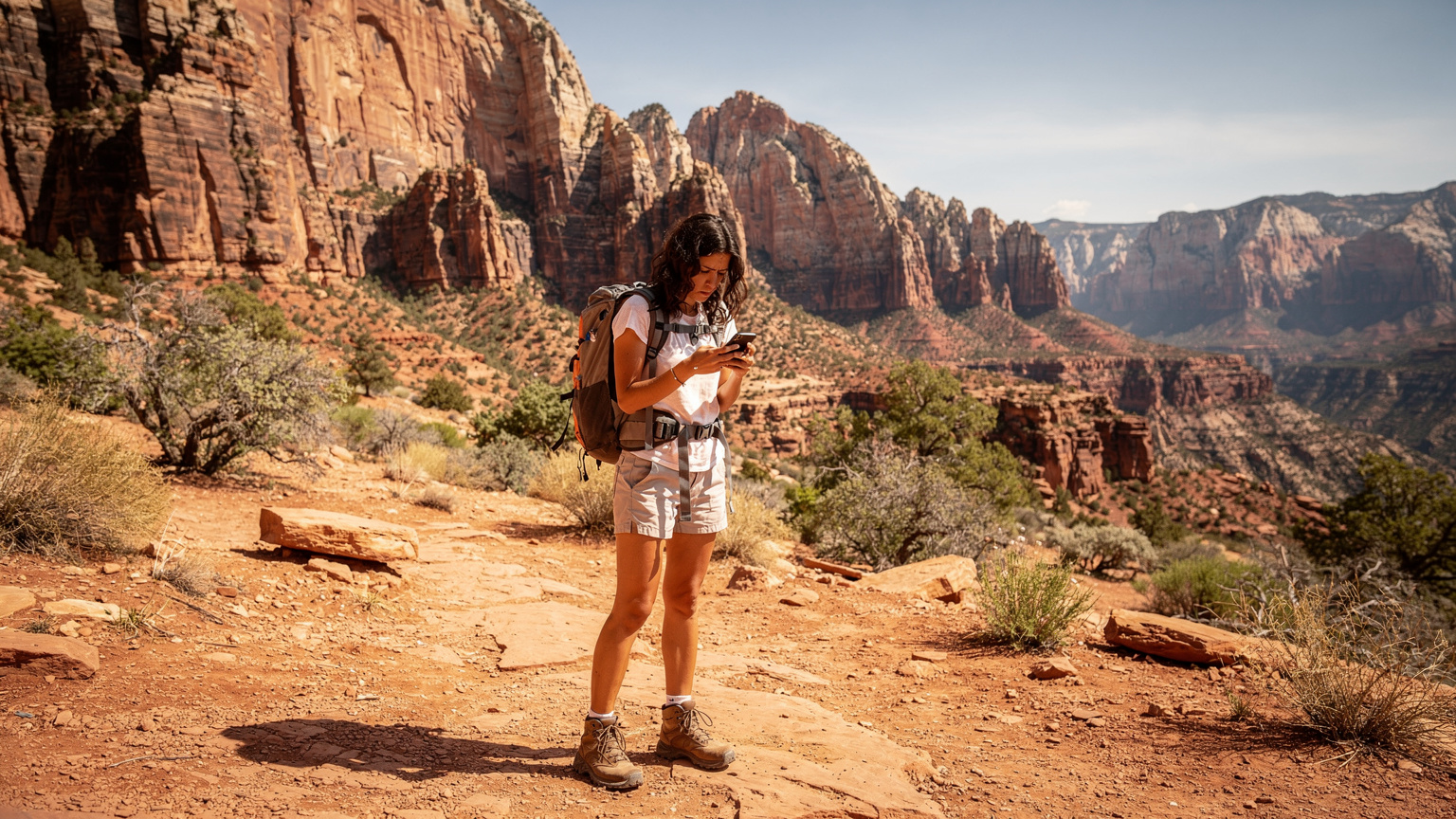 Una donna italiana osserva con aria preoccupata il suo smartphone con "Nessun Servizio" sullo schermo mentre si trova in un'area remota del Parco Nazionale di Zion, con maestose formazioni rocciose rosse in sottofondo.