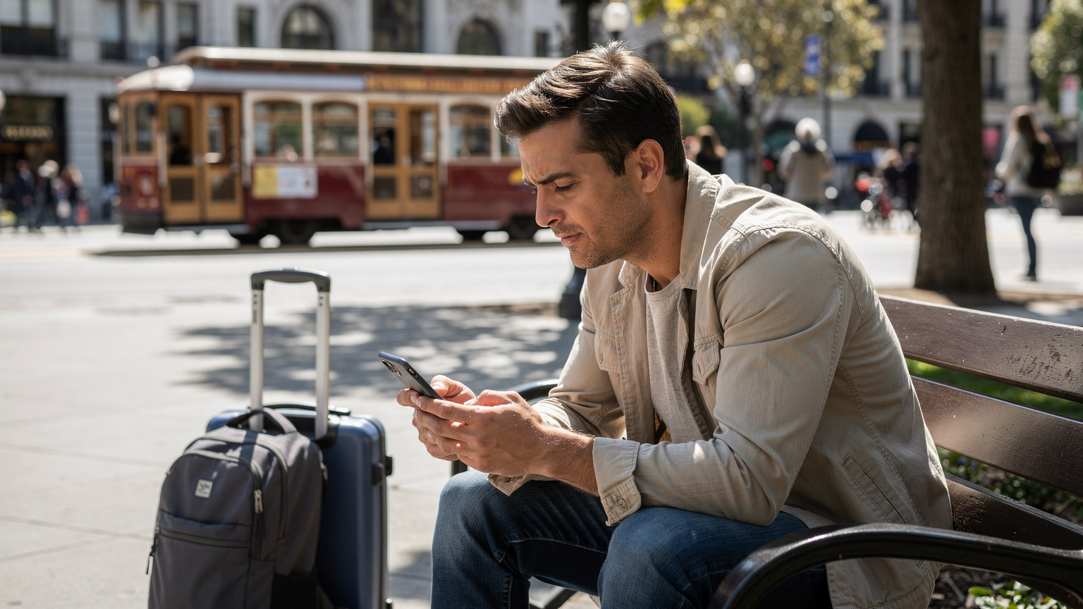 Un viaggiatore utilizza il suo smartphone per navigare tra i piani eSIM mentre è seduto su una panchina in Union Square, San Francisco, con i tram cable car che passano in sottofondo.