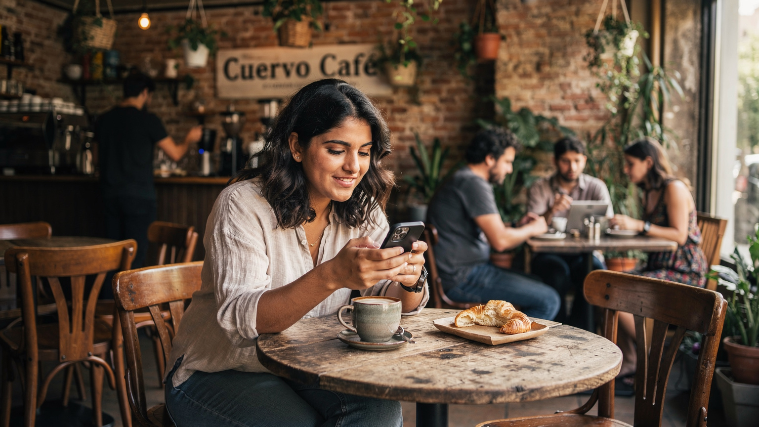Uma viajante checa a conexão do seu eSIM em um café movimentado em Palermo, Buenos Aires, antes de sair para o dia.