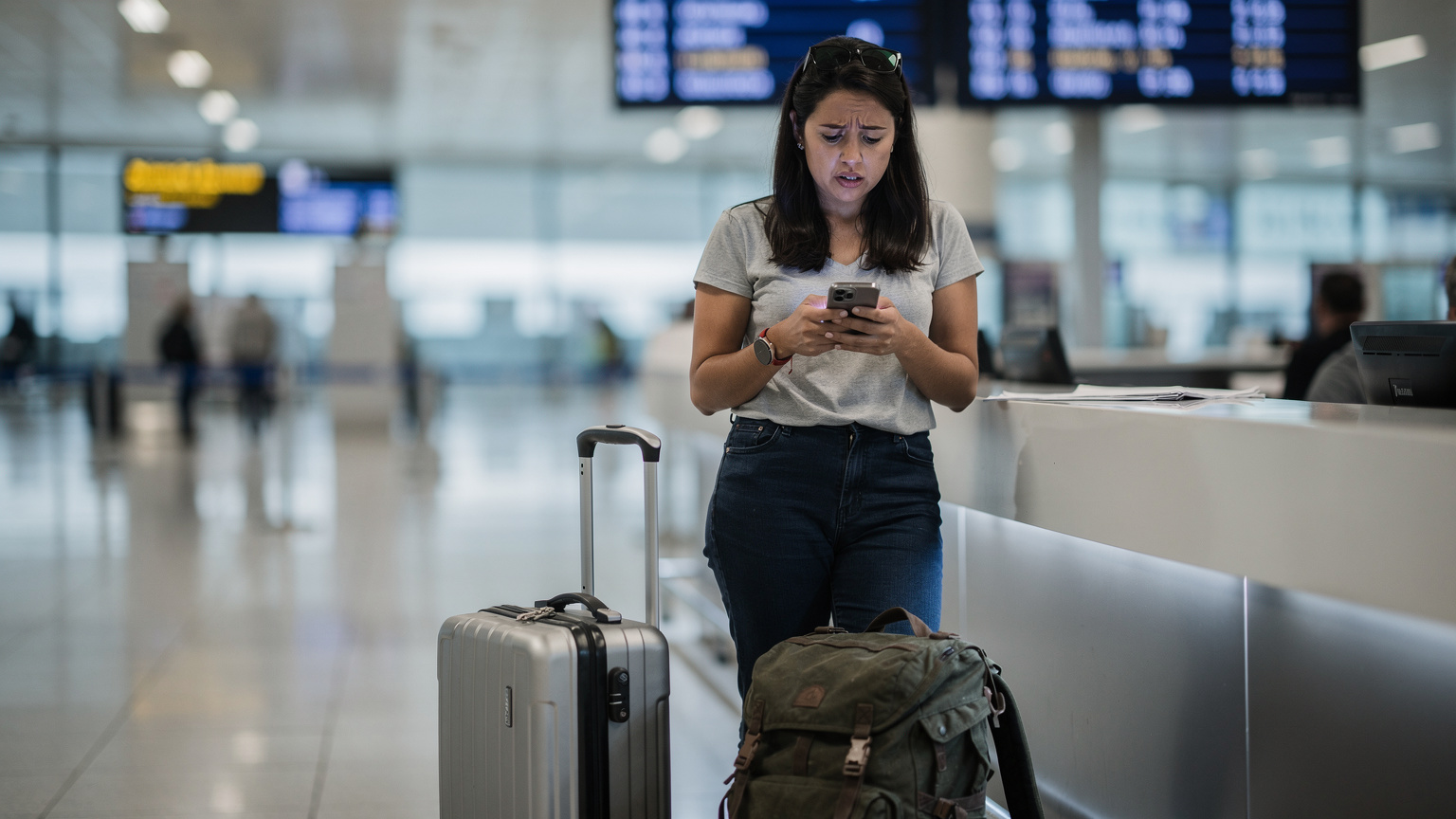 Uma mulher em um balcão de check-in de aeroporto, com expressão preocupada, olhando para a tela do seu smartphone com as malas ao lado, indicando um problema de conexão ou dados antes do embarque.