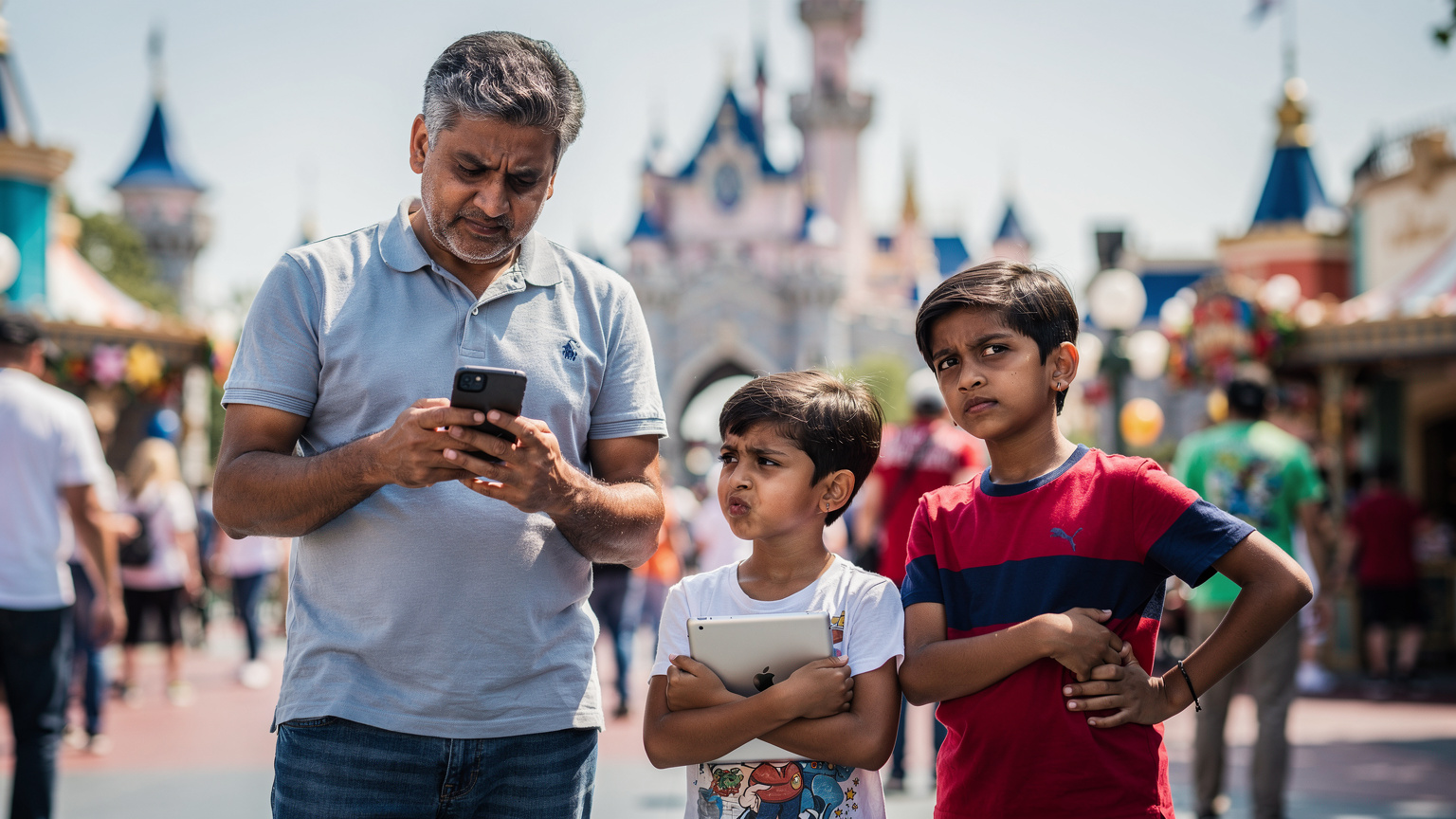 एक भारतीय परिवार पेरिस के डिज़्नीलैंड में अपने iPhone पर डेटा समस्याओं का निवारण कर रहा है, बच्चे थोड़ी बेचैन दिख रहे हैं।