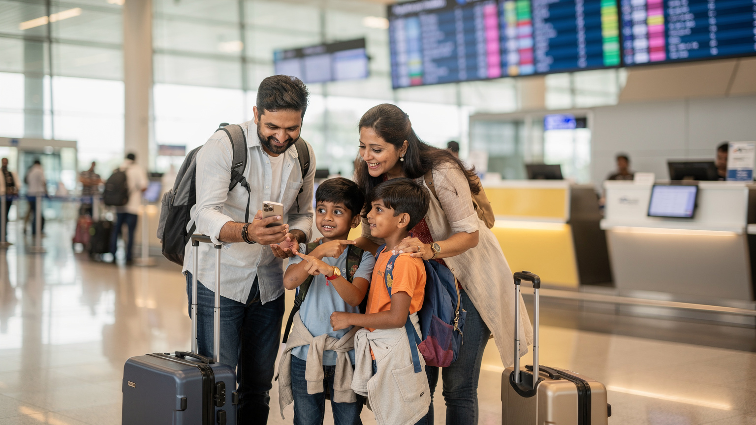 एक भारतीय परिवार बेंगलुरु हवाई अड्डे पर चेक-इन काउंटर के पास अंतिम यात्रा जाँच सूची की समीक्षा कर रहा है, उनके बच्चे उत्सुकता से अपनी यात्रा का इंतजार कर रहे हैं।