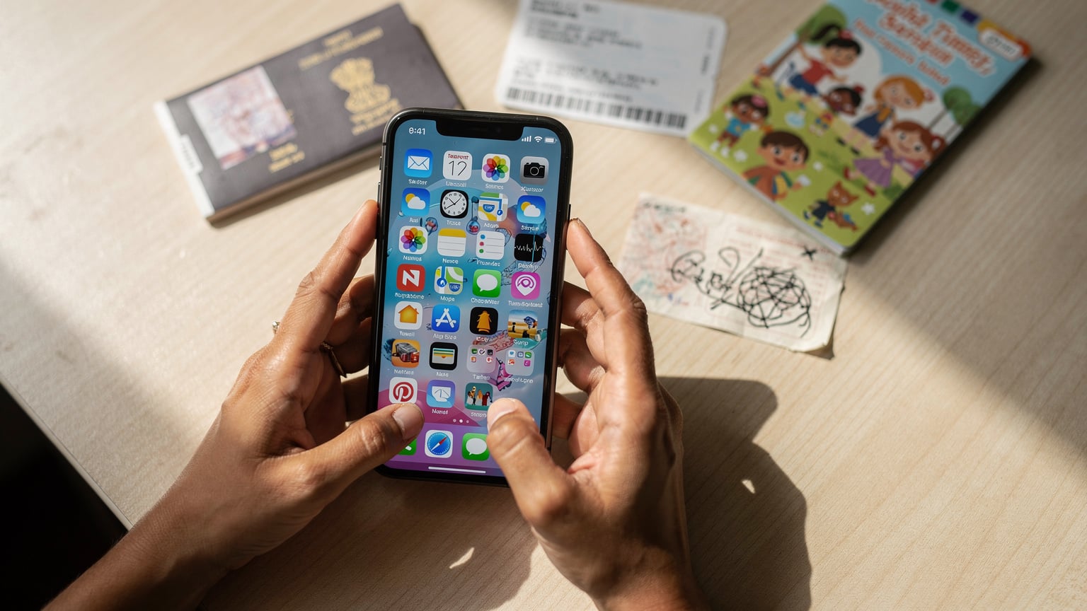 एक भारतीय माँ अपने iPhone पर ट्रैवल ऐप्स की सूची देख रही है, जिसमें गूगल मैप्स और डिज्नी+ जैसे ऐप्स पहले से डाउनलोड हैं।