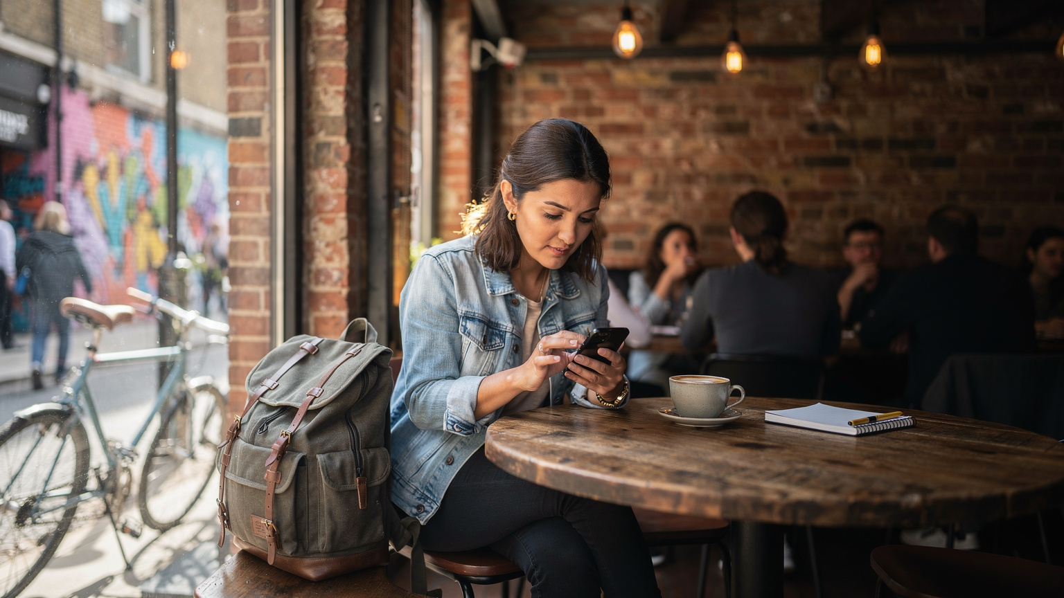 Londra'nın Shoreditch semtindeki canlı bir kafede oturan, elinde akıllı telefonuyla harita uygulamasını kontrol eden bir gezgin.