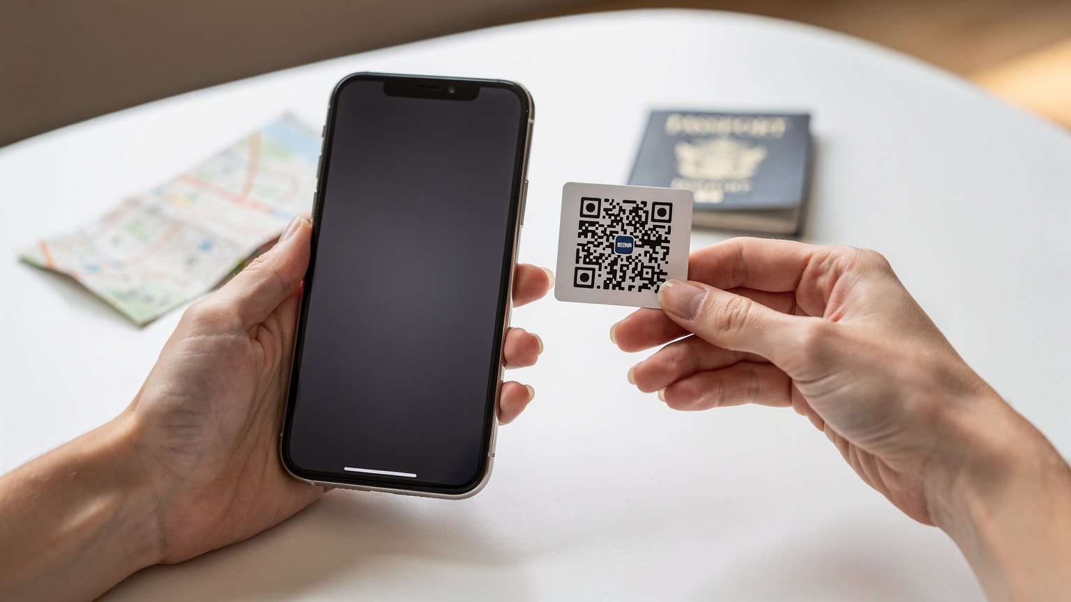 Bir kadının elleri, akıllı telefonunda bir QR kodunu tarayarak eSIM kurulumunu tamamlıyor.