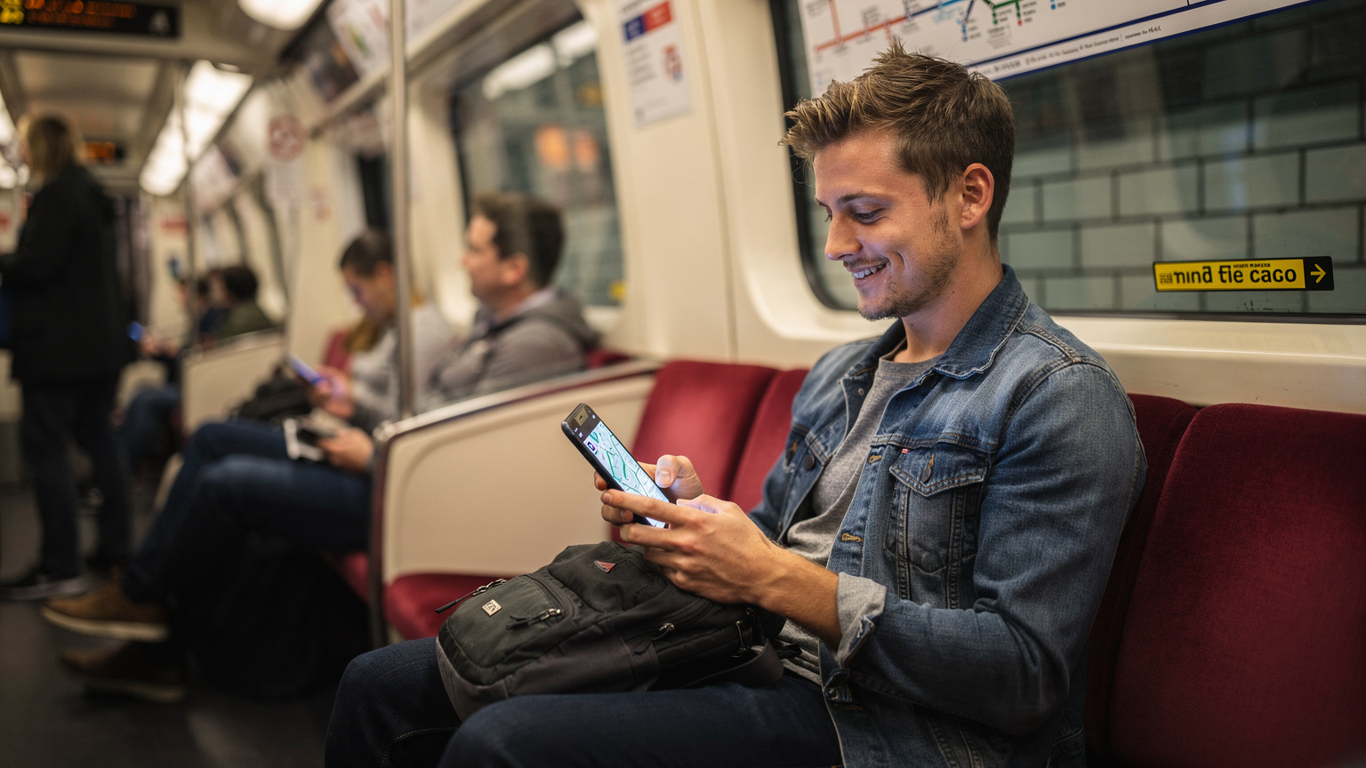 Londra Metrosu'nda (Tube) seyahat eden bir gezgin, telefonundan haritasına bakarken gülümsüyor.