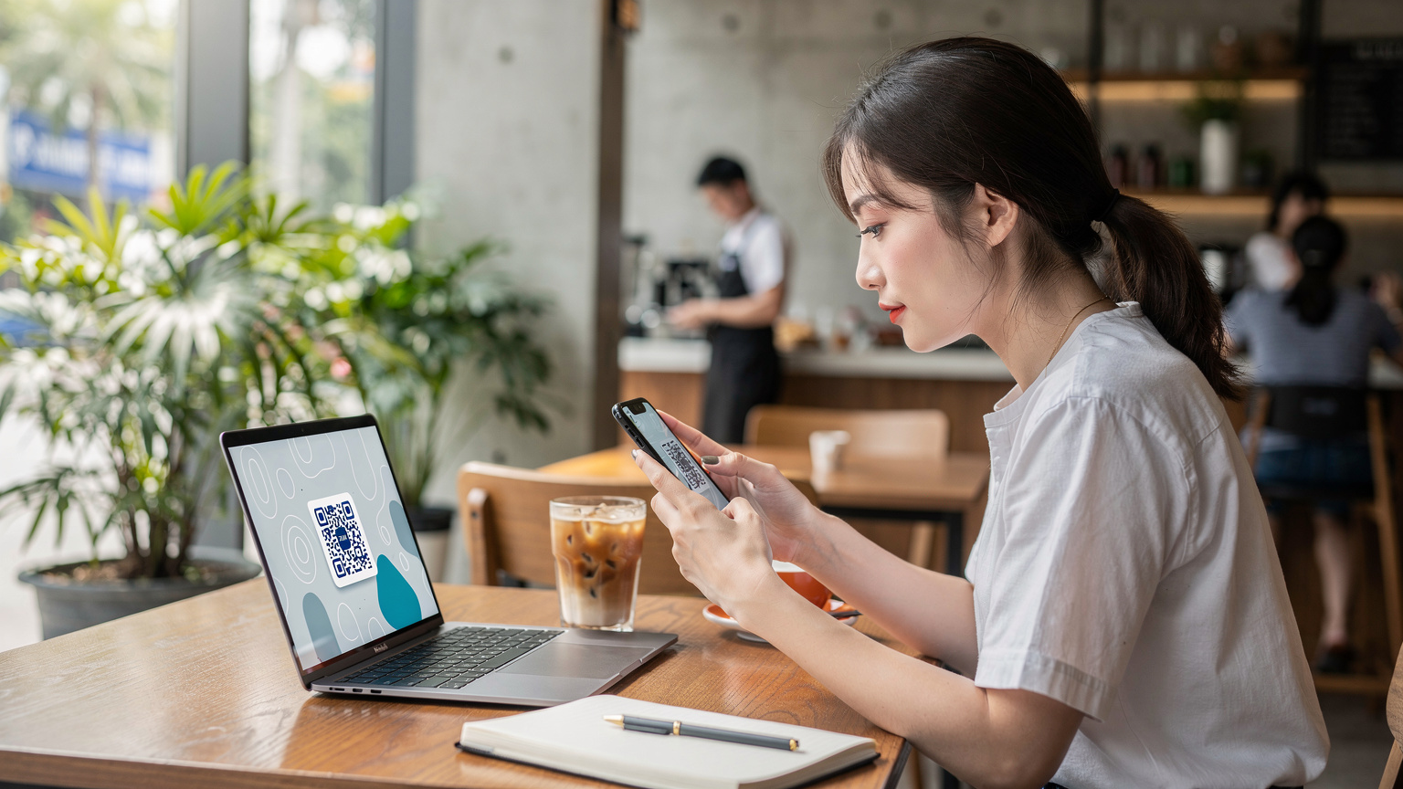 Một người phụ nữ trẻ đang ngồi tại một quán cà phê hiện đại ở quận 3, TP.HCM, tập trung quét mã QR eSIM từ màn hình laptop sang điện thoại của mình. Ly cà phê đá và một cuốn sổ tay mở nằm trên bàn.