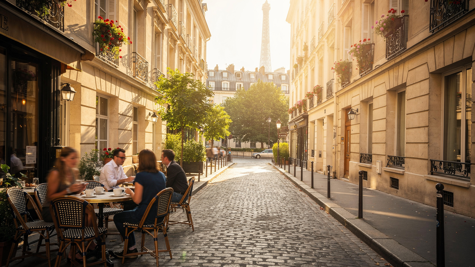 A cinematic, photorealistic image of a charming Parisian street at golden hour, featuring historic architecture, an outdoor cafe, and the Eiffel Tower in the distance, conveying the allure of French travel.