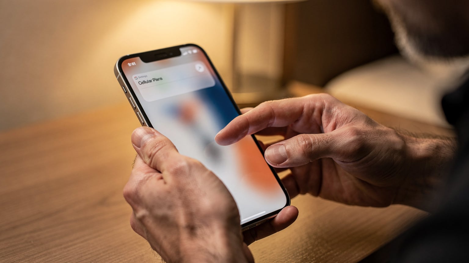 Human hands deftly navigating the settings menu on an iPhone, demonstrating the process of switching between different eSIM profiles.