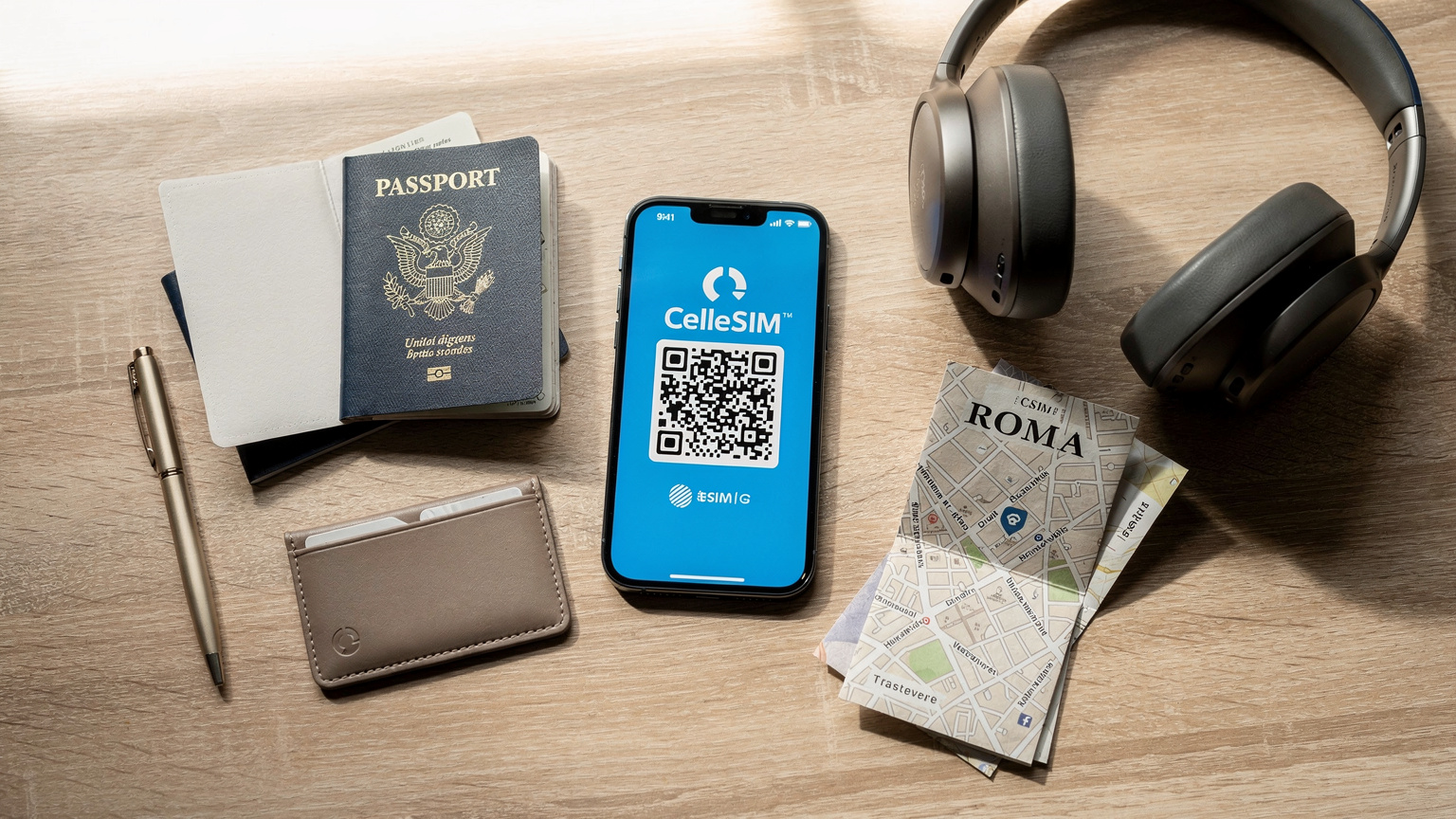 An overhead flat-lay of essential travel items: an open passport, an iPhone displaying a Cellesim QR code, noise-canceling headphones, and a small map of Rome, ready for an Italian adventure.