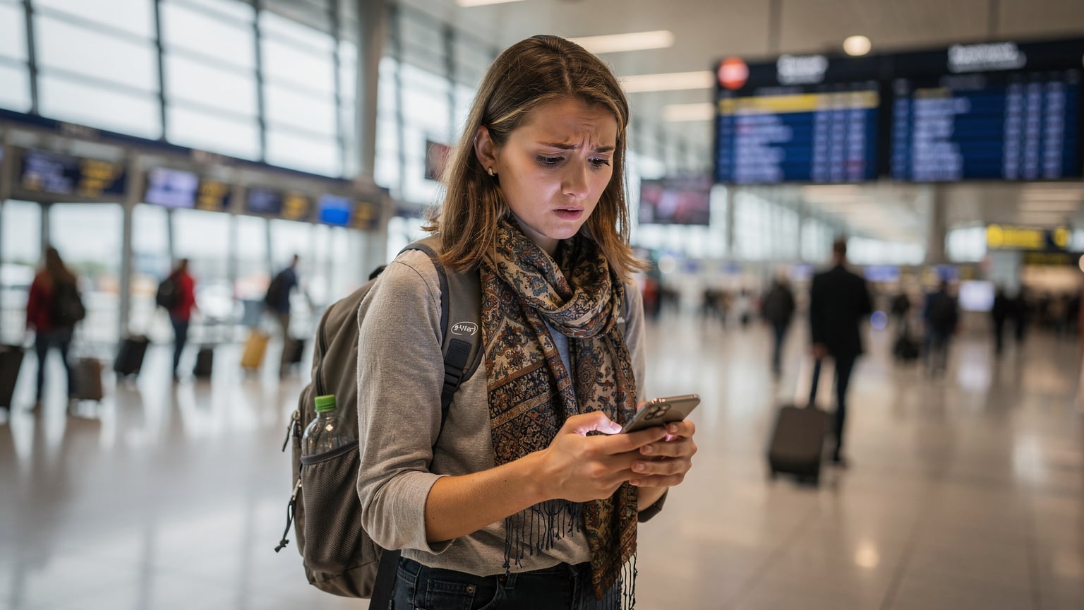 A young traveler looking perplexed at their iPhone screen, showing a 'No Service' message, while standing amidst the crowds in a bustling airport terminal in Europe.