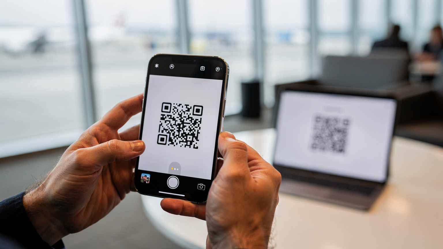 A close-up shot of a tourist's hands, specifically on an iPhone 15 Pro, scanning a QR code for eSIM activation in a bright, modern airport lounge.