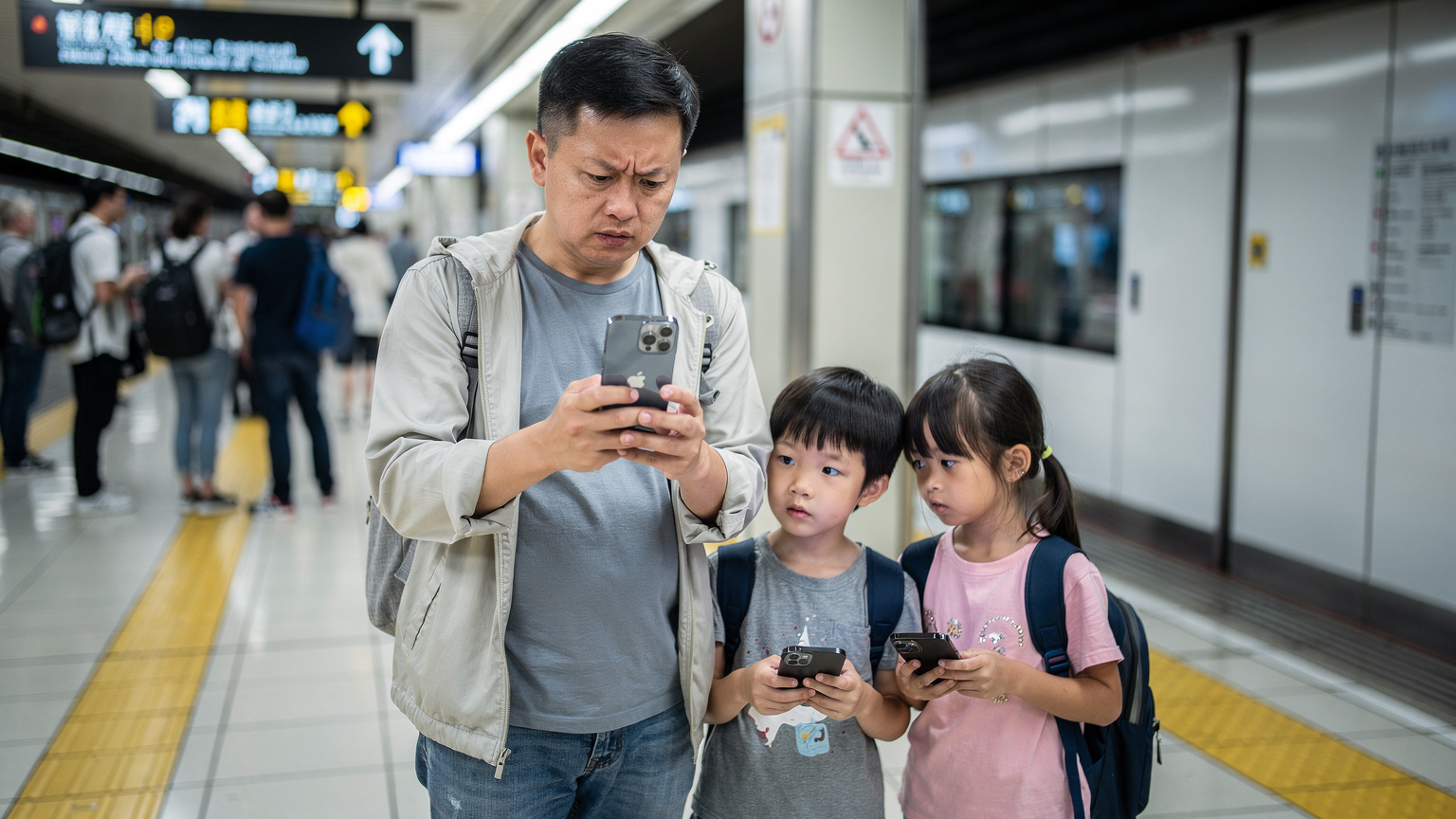 在香港港鐵站,父親因網路信號弱而查看手機,孩子們顯得焦慮