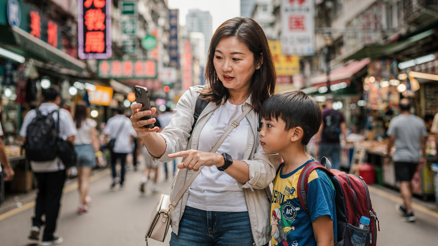 一位母親在香港街頭,用 iPhone 13 掃描 eSIM 二維碼,孩子好奇地觀看