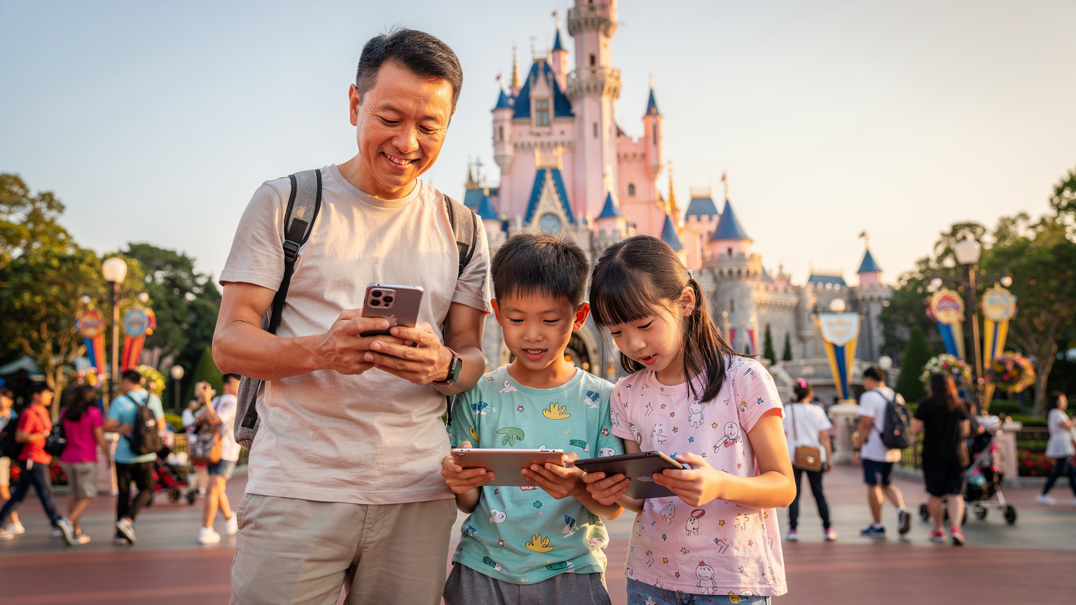 在香港迪士尼樂園,父親用 iPhone 13 為孩子們的平板開啟個人熱點
