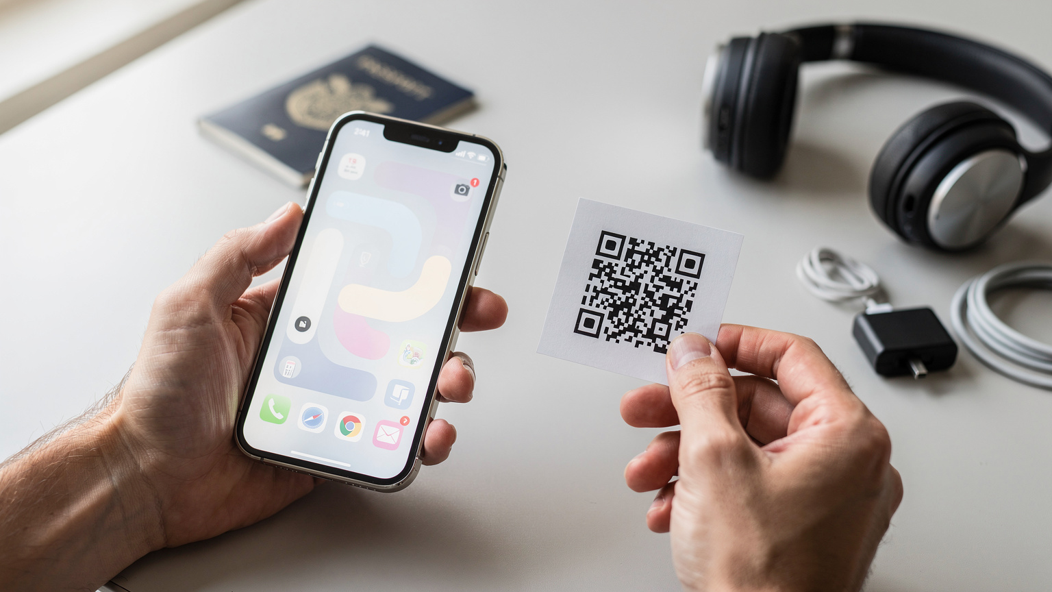 一雙手在 iPhone 13 上操作 eSIM 設置,準備掃描二維碼