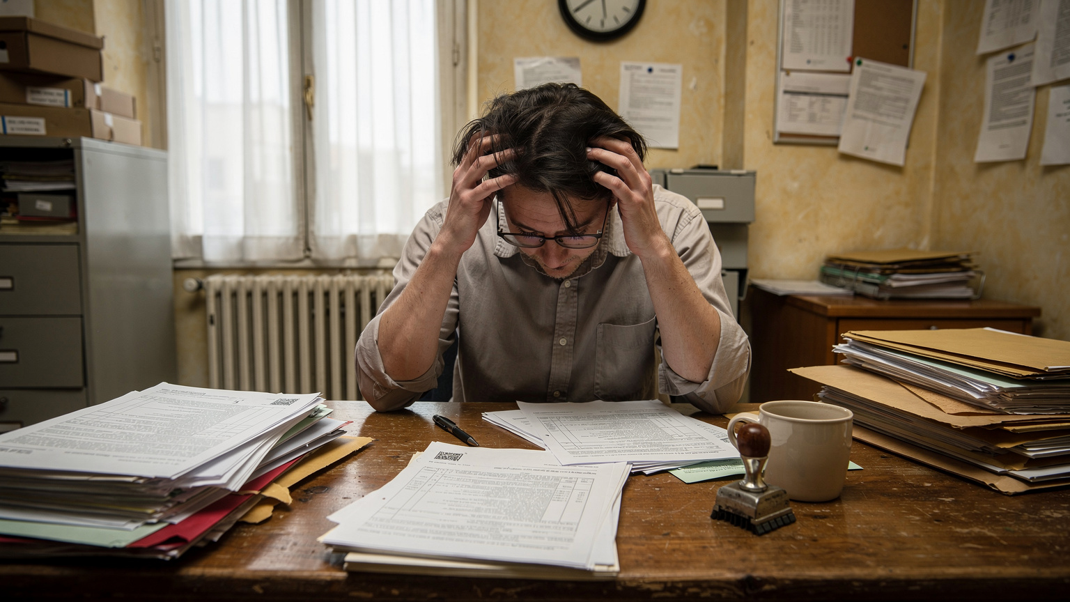Una persona con gafas, frustrada, mira una pila de documentos en un escritorio de una oficina burocrática francesa, con sellos y papeles por todas partes.