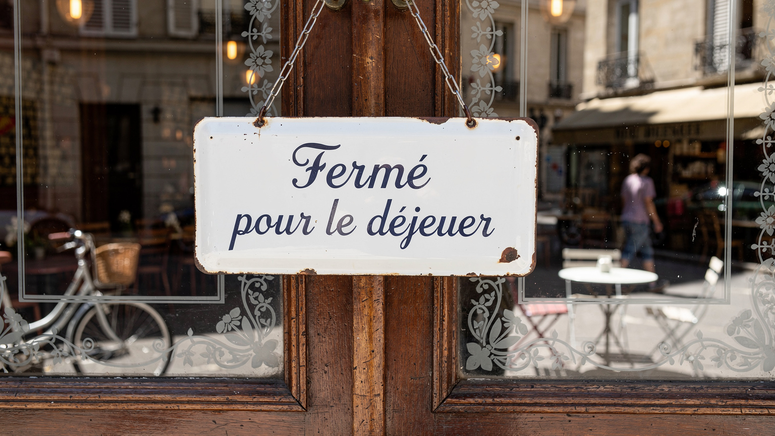 Un cartel de 'Fermé pour le déjeuner' (Cerrado por almuerzo) colgado en la puerta de cristal de una pequeña boutique francesa, con reflejos de la calle.