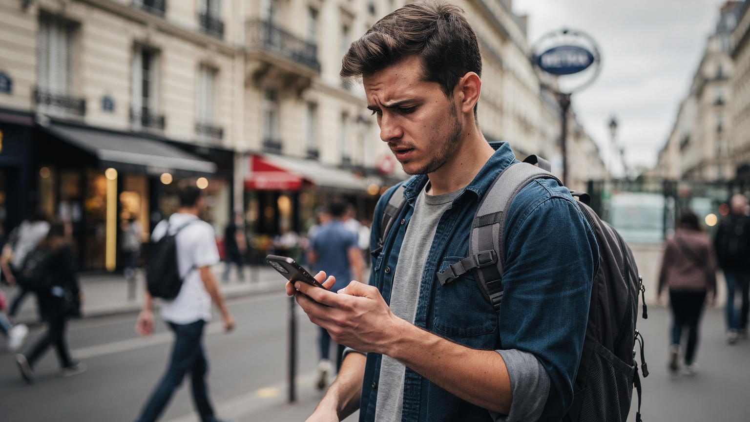 Un viajero con mochila mira su teléfono con expresión de preocupación en una calle concurrida de París, posiblemente buscando un baño público.