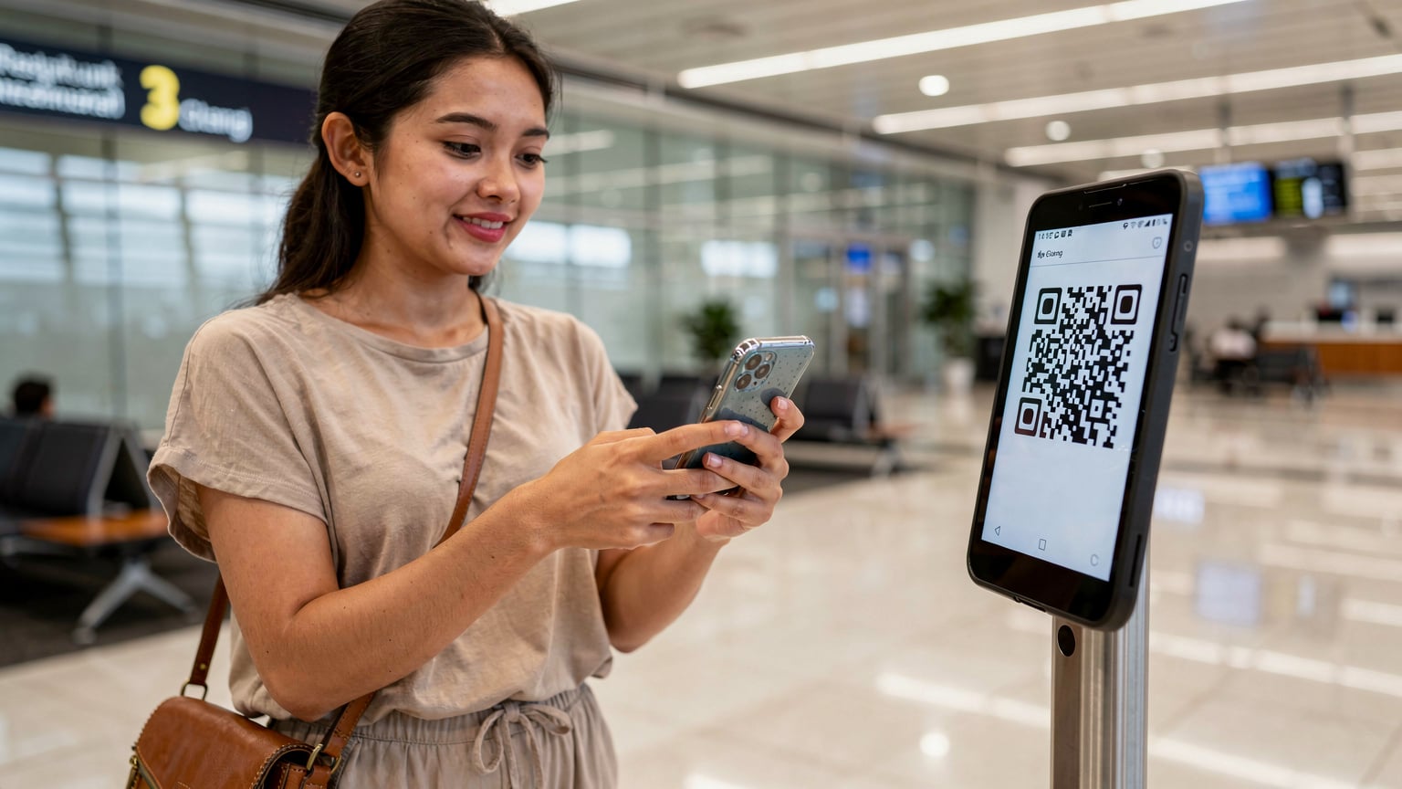Seorang wisatawan di Bandara Internasional Changi, Singapura, sedang memindai kode QR untuk mengaktifkan eSIM di ponselnya, siap untuk menjelajahi kota.