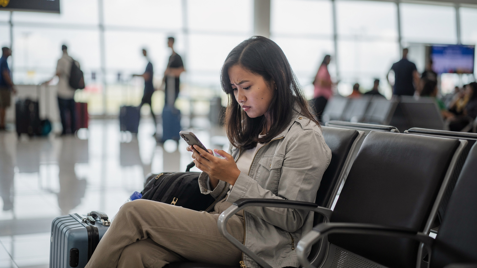 Seorang traveler wanita muda sedang mengalami kesulitan dengan koneksi internetnya di bandara, memeriksa pengaturan ponselnya dengan ekspresi khawatir.