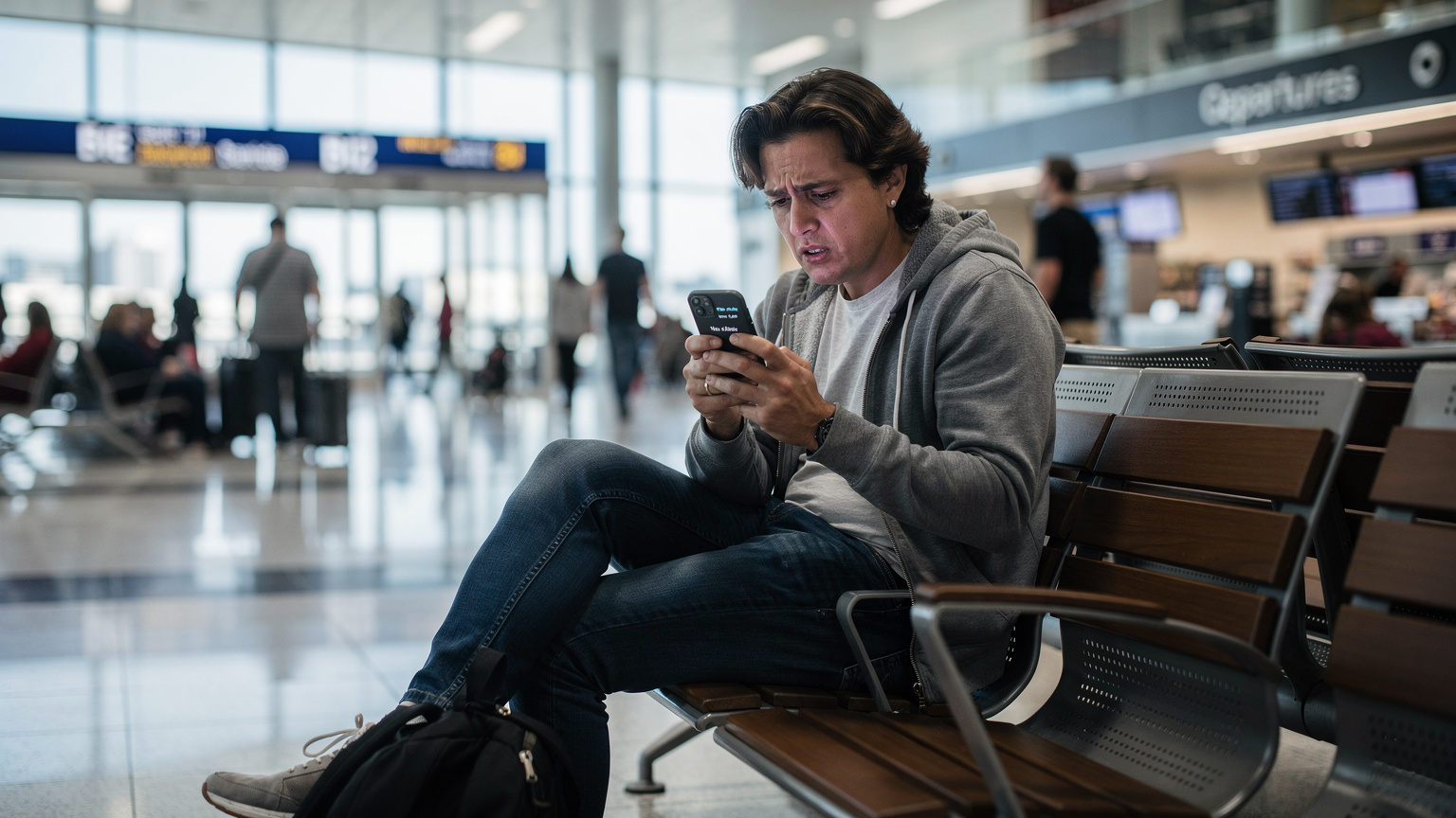 Een persoon zit gefrustreerd op een bankje in een drukke Amerikaanse luchthaven, kijkend naar hun telefoon met een bericht over 'Geen Service', terwijl andere reizigers langs lopen.
