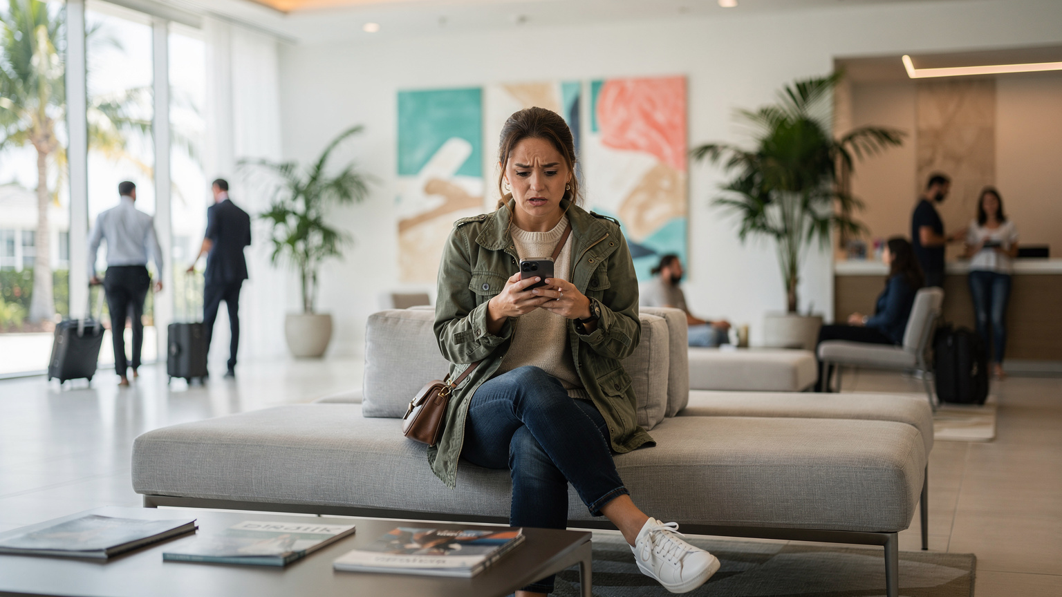 Een reiziger bekijkt de dekkingskaart van een mobiele provider op haar telefoon, terwijl ze op een bankje zit in een drukke lobby van een hotel in Miami Beach.