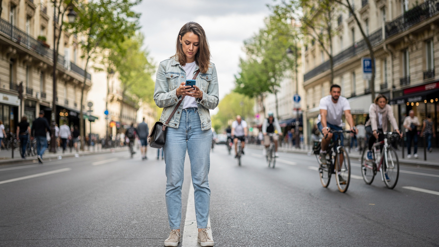 Eine junge Frau mit Smartphone, die auf einer autofreien Straße in Paris steht und sich über Verkehrsregeln informiert, während im Hintergrund Fahrradfahrer unterwegs sind.