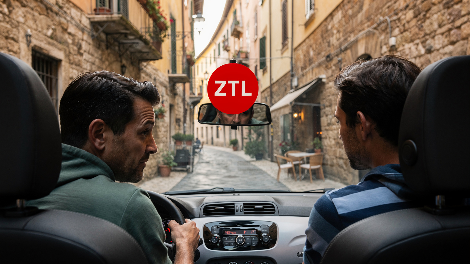 Водитель автомобиля и его пассажир внимательно изучают дорожный знак ZTL (Zona a Traffico Limitato) перед въездом в исторический центр итальянского города.