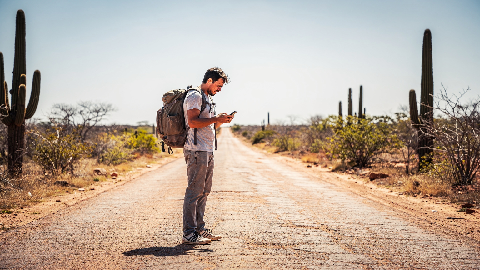 Um viajante com mochila olhando para seu smartphone com uma expressão de frustração, em uma estrada rural vazia do Nordeste brasileiro, cercado por vegetação seca e cactos, indicando falta de sinal.