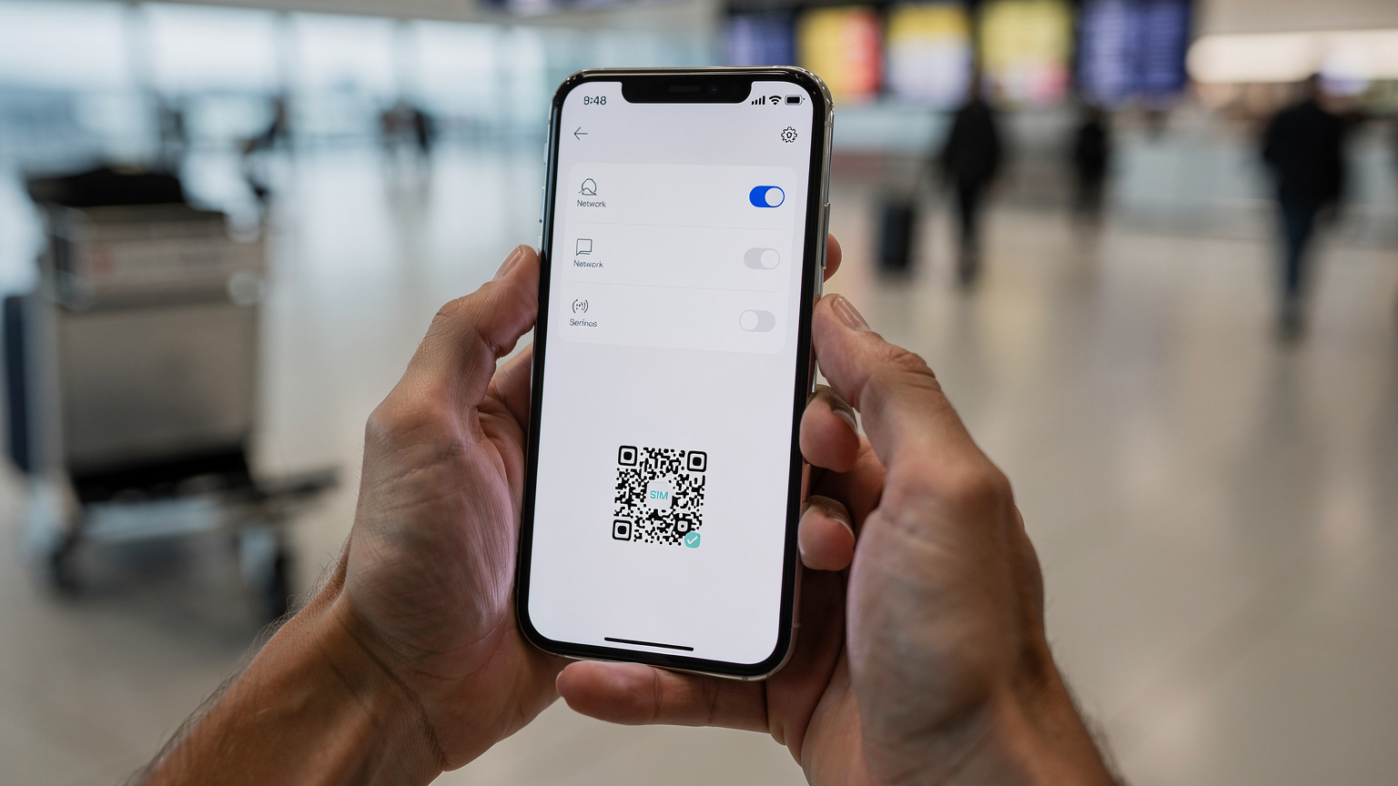 Mãos humanas segurando um smartphone exibindo a tela de configurações de rede, onde um código QR borrado é visível para a instalação de um eSIM, em um ambiente de aeroporto com malas e pessoas em segundo plano.