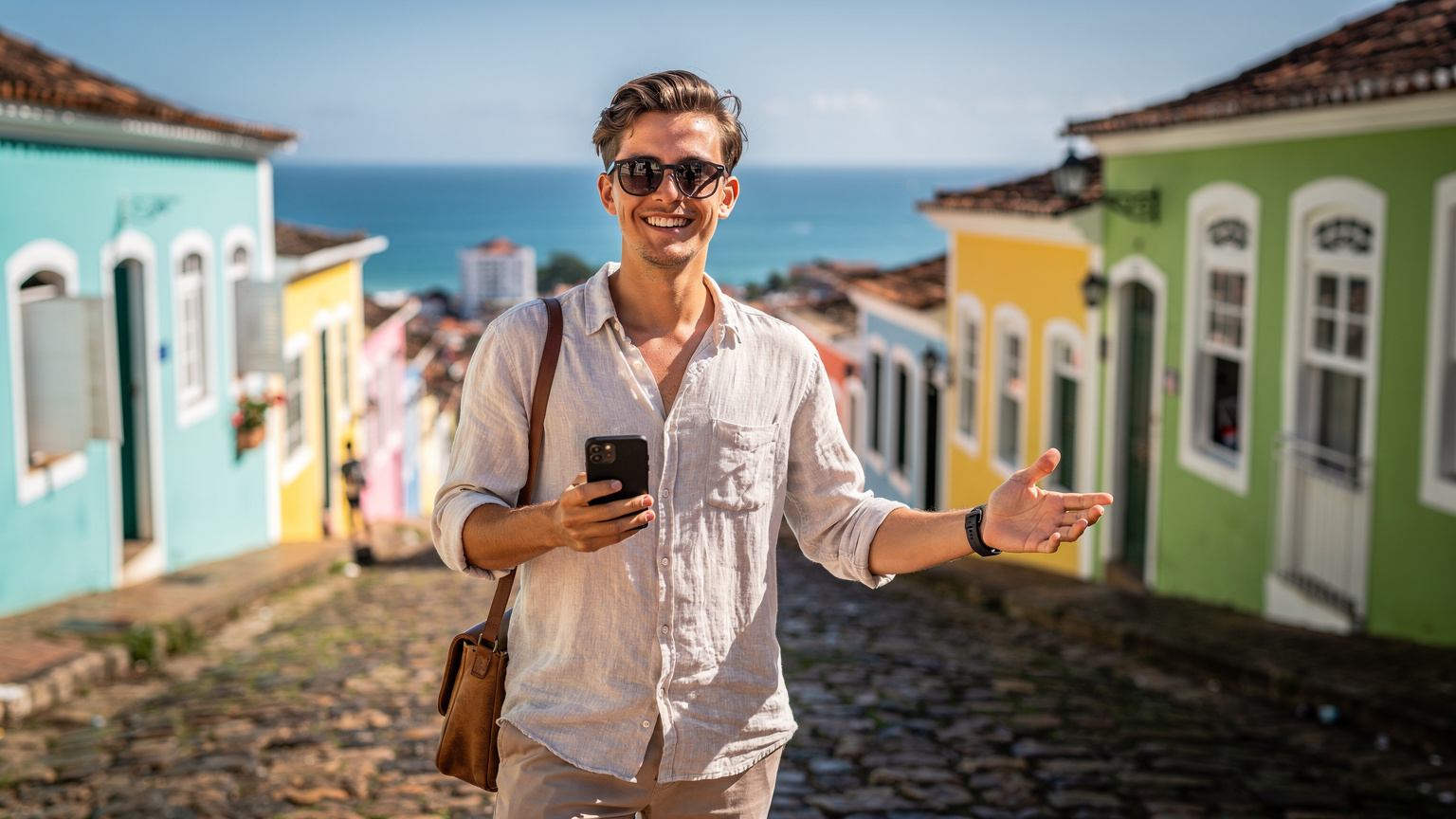 Uma pessoa jovem e estilosa segurando um smartphone em uma mão enquanto a outra aponta para uma paisagem urbana vibrante de Salvador, Bahia, com casas coloniais coloridas ao fundo e o mar azul claro. Ela está sorrindo, parecendo conectada e feliz.
