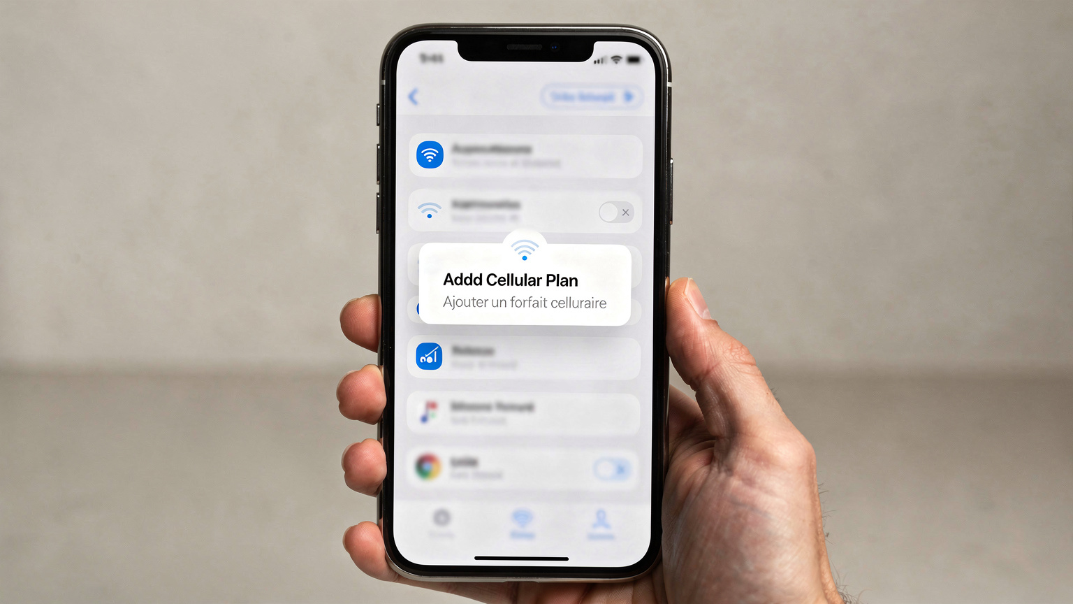 Un écran de smartphone affichant les réglages "Données cellulaires" ou "Réseau et Internet" avec l'option "Ajouter un forfait cellulaire" mise en évidence, montrant une interface utilisateur propre et moderne.